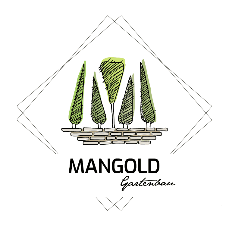 Garten- und Landschaftsbau Mangold Logo mit Mauer und Bäumen